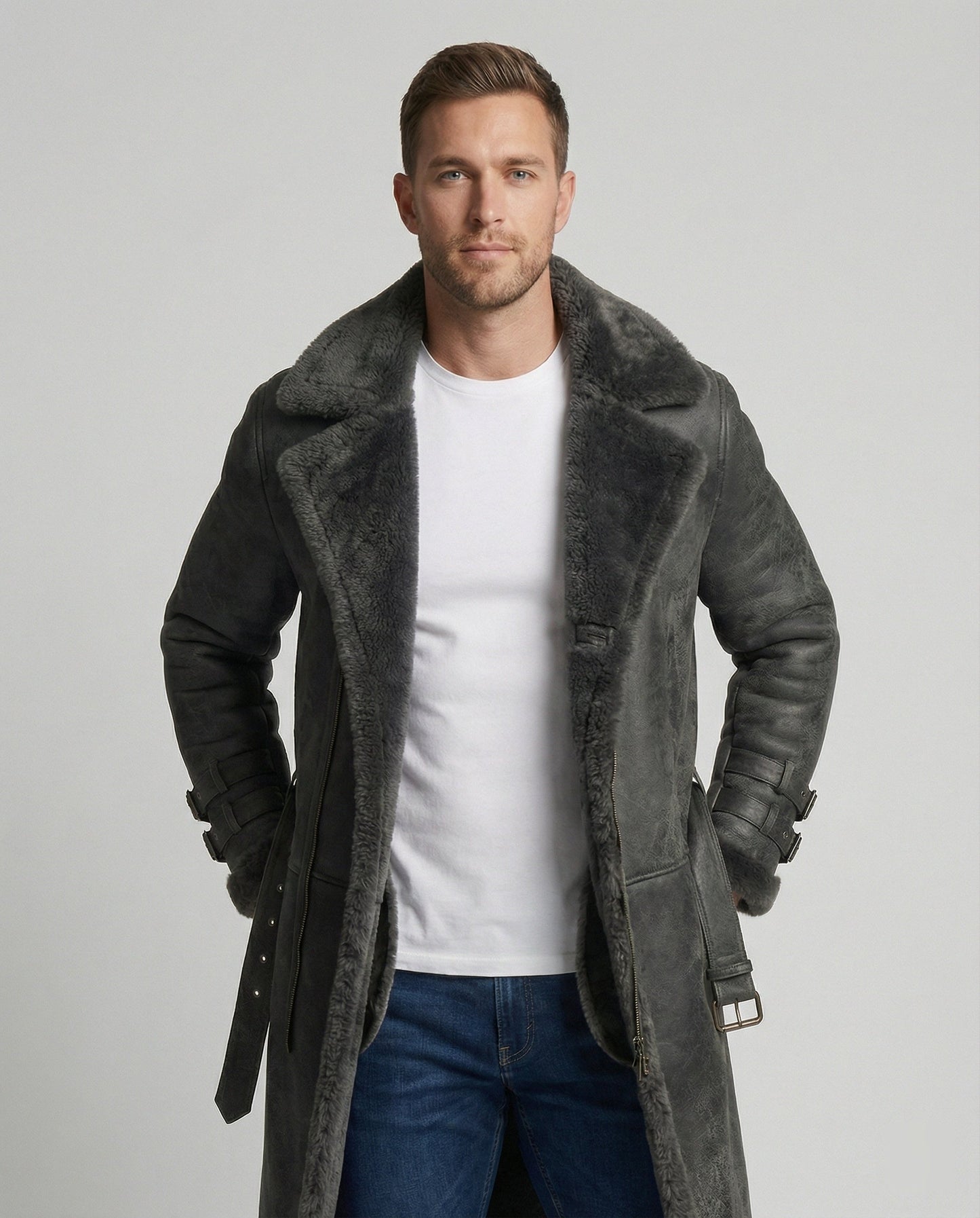 Langer Damen Wintermantel Wollstoff Schwarz - Eveloria
