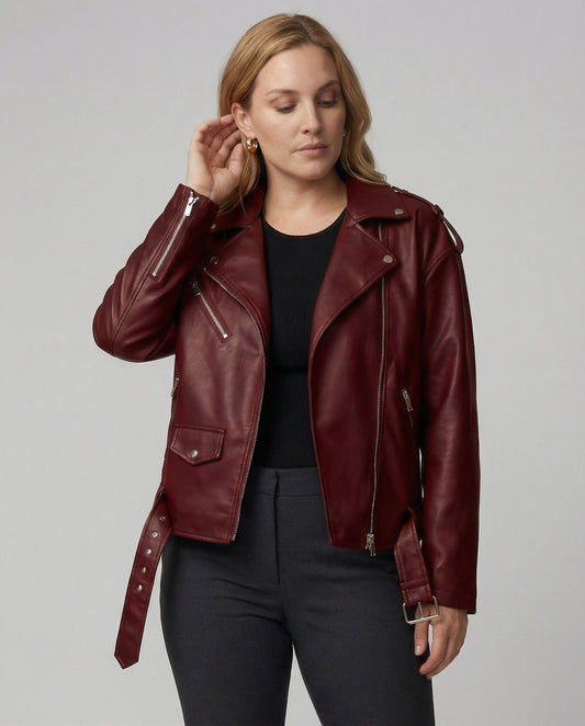 Damen Lederjacke Bikerstyle Reißverschluss Schwarz - Eveloria