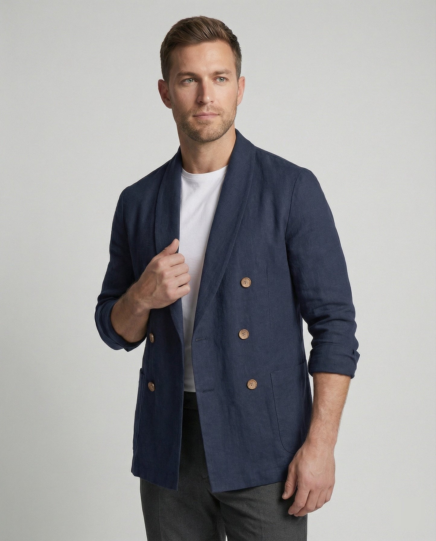 Herren Leinenjacke Leicht Doppelknopf Beige - Eveloria