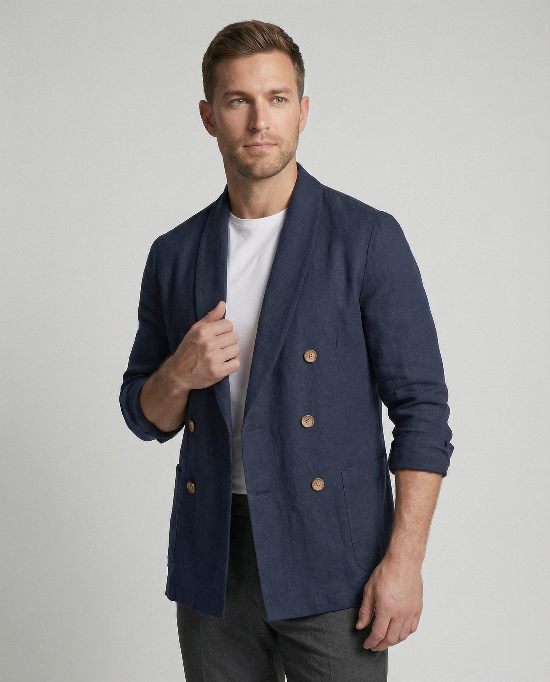 Herren Leinenjacke Leicht Doppelknopf Beige - Eveloria