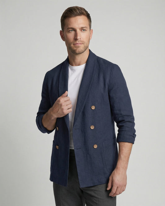 Herren Leinenjacke Leicht Doppelknopf Beige - Eveloria