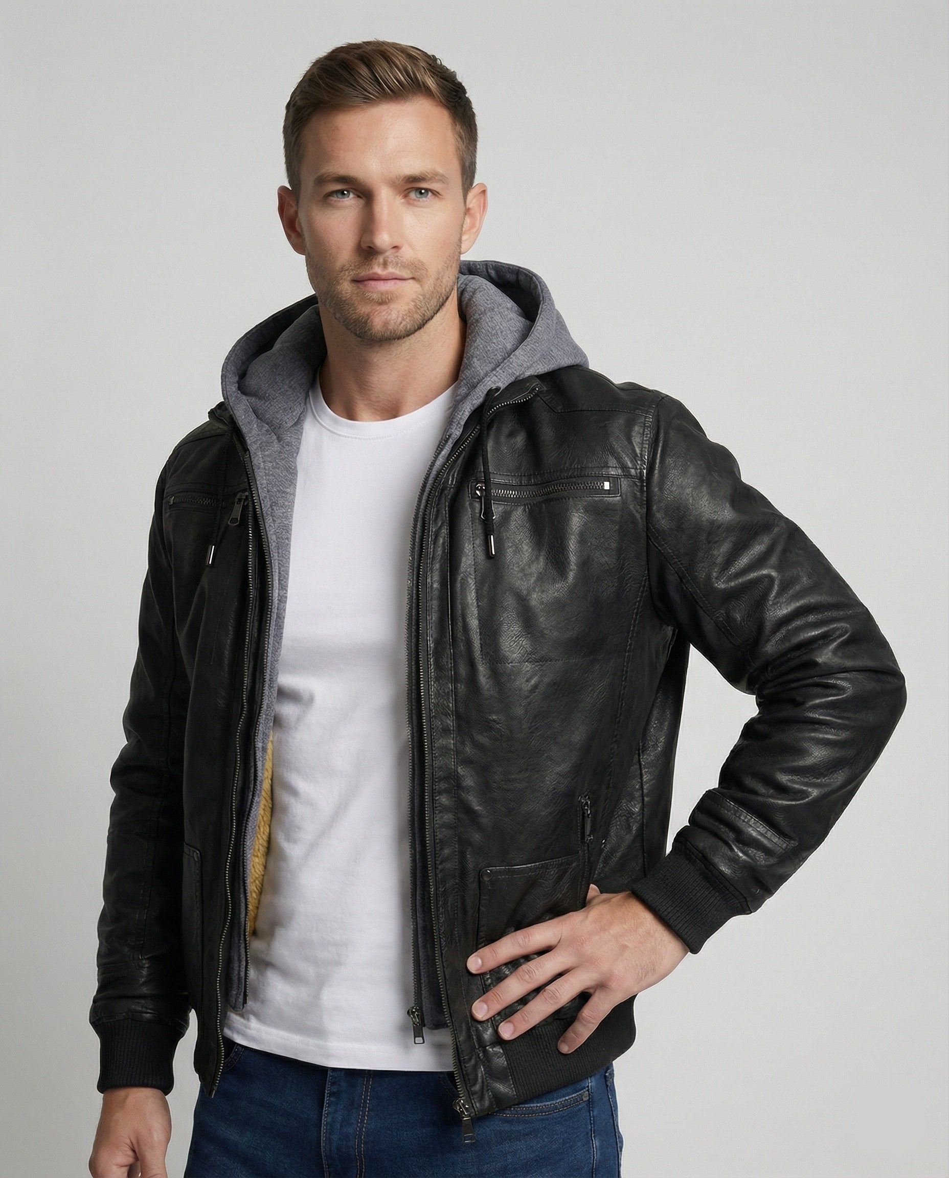 Herren Lederjacke Mit Kapuze Schwarz - Eveloria