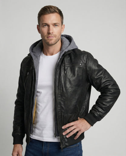 Herren Lederjacke Mit Kapuze Schwarz - Eveloria