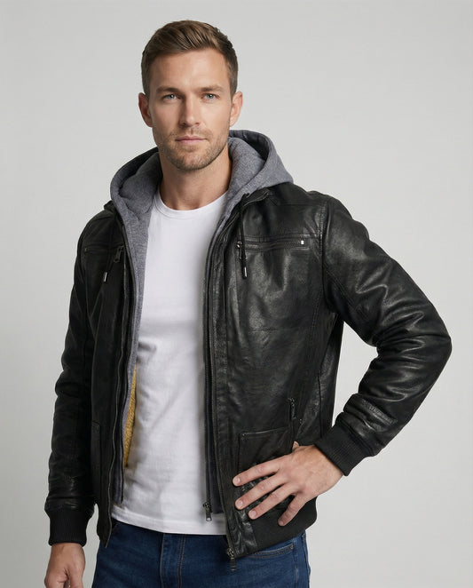 Herren Lederjacke Mit Kapuze Schwarz - Eveloria