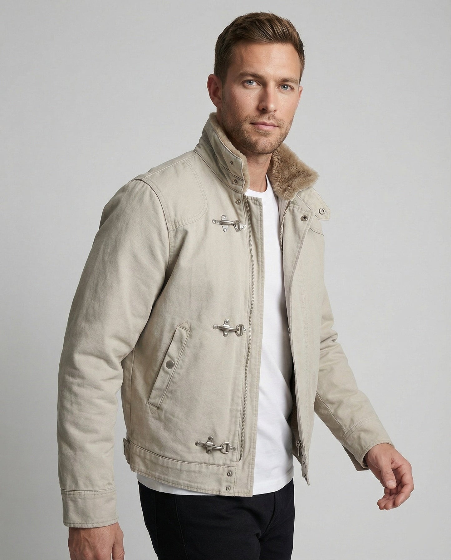 Herren Canvasjacke Teddykragen Beige