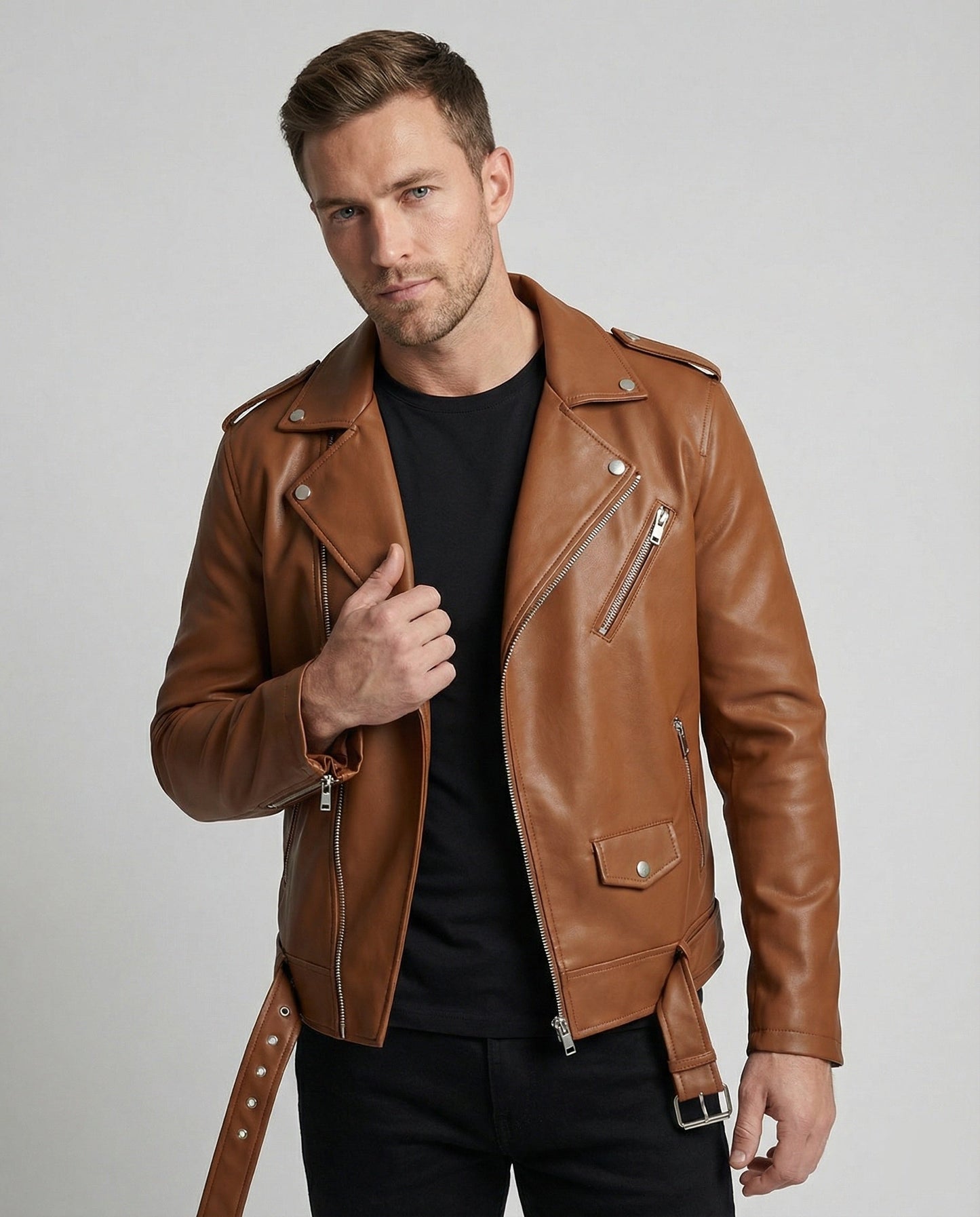 Herren Bikerjacke Kunstleder Tailliert