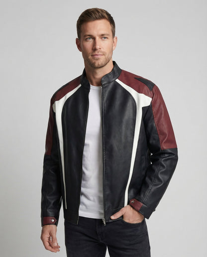Herren Lederjacke Stehkragen Panel Design