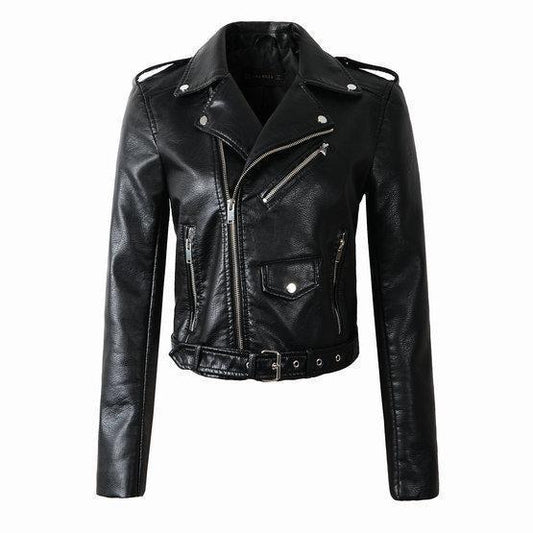 Damen Bikerjacke Asymmetrischer Reißverschluss Leder Schwarz - Eveloria