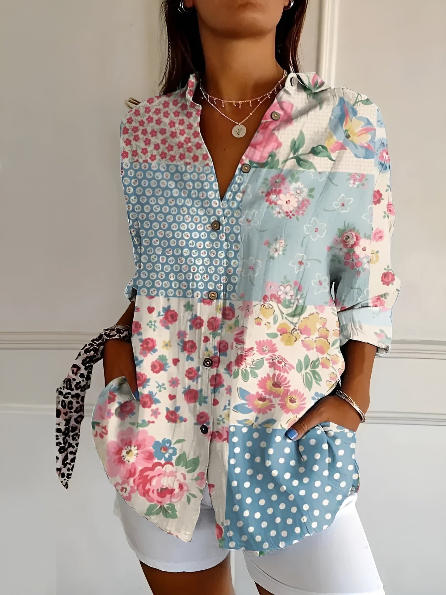 Damen Sommerhemd Tropen-Print Langarm-Shirt Baumwolle