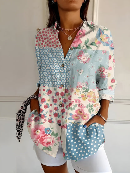Damen Sommerhemd Tropen-Print Langarm-Shirt Baumwolle