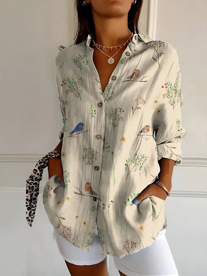 Damen Sommerhemd Tropen-Print Langarm-Shirt Baumwolle