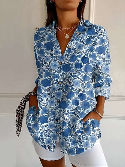 Damen Sommerbluse Print Knöpfe Reverskragen Leicht