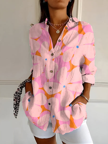 Damen Sommerbluse Print Knöpfe Reverskragen Leicht