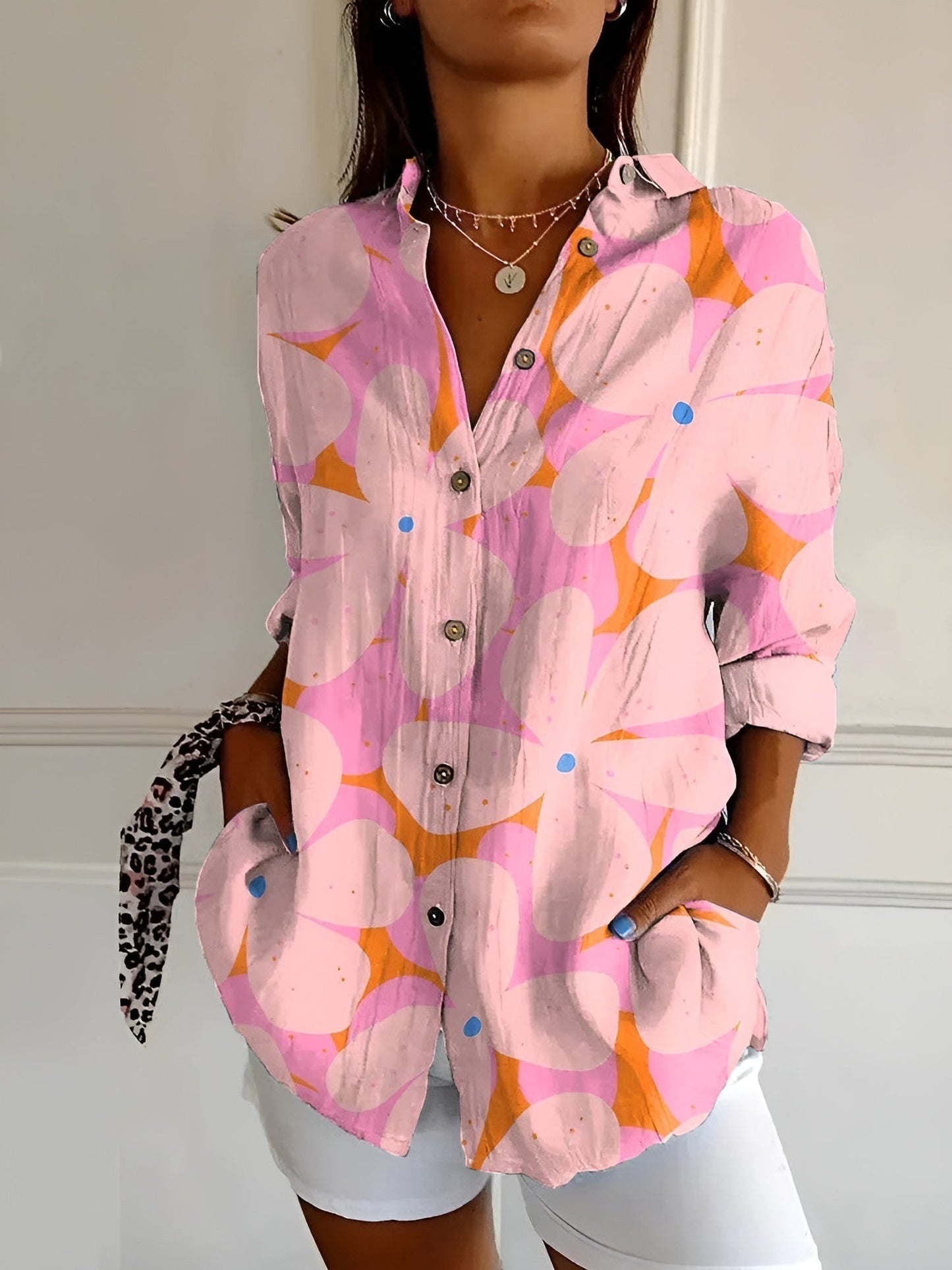 Damen Sommerhemd Tropen-Print Langarm-Shirt Baumwolle
