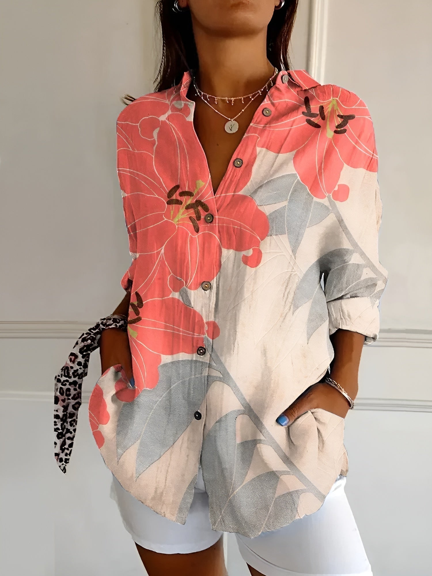 Damen Sommerhemd Tropen-Print Langarm-Shirt Baumwolle - Eveloria