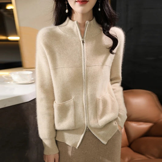 Eveloria Damen Strickjacke Wolle Reißverschluss Stehkragen - Eveloria