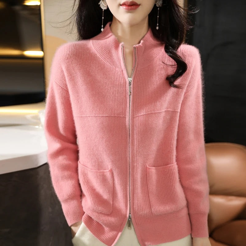 Eveloria Damen Strickjacke Wolle Reißverschluss Stehkragen