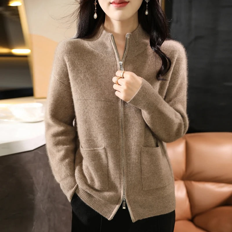Eveloria Damen Strickjacke Wolle Reißverschluss Stehkragen