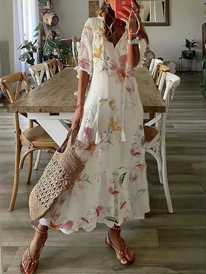 Damen Maxikleid Boho Print V-Ausschnitt Sommerkleid Elegant Luftig