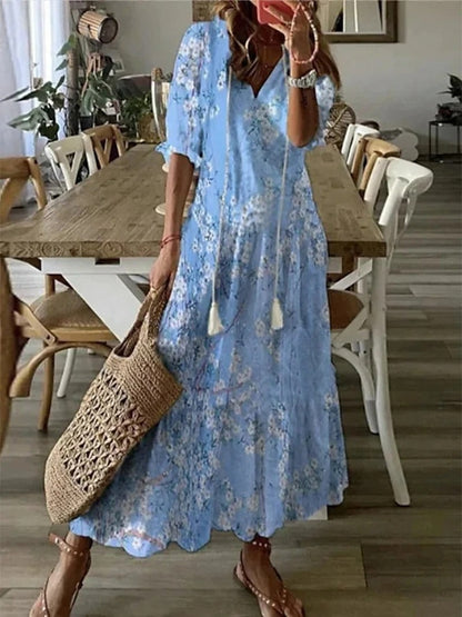 Damen Maxikleid Boho Print V-Ausschnitt Sommerkleid Elegant Luftig