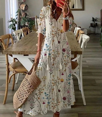 Damen Maxikleid Boho Print V-Ausschnitt Sommerkleid Elegant Luftig