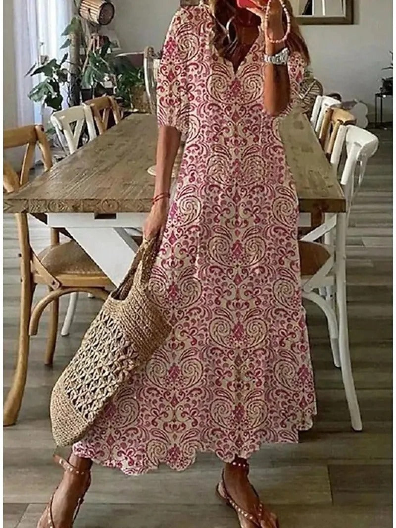 Damen Sommerkleid V-Ausschnitt Maxi Boho Kurzarm