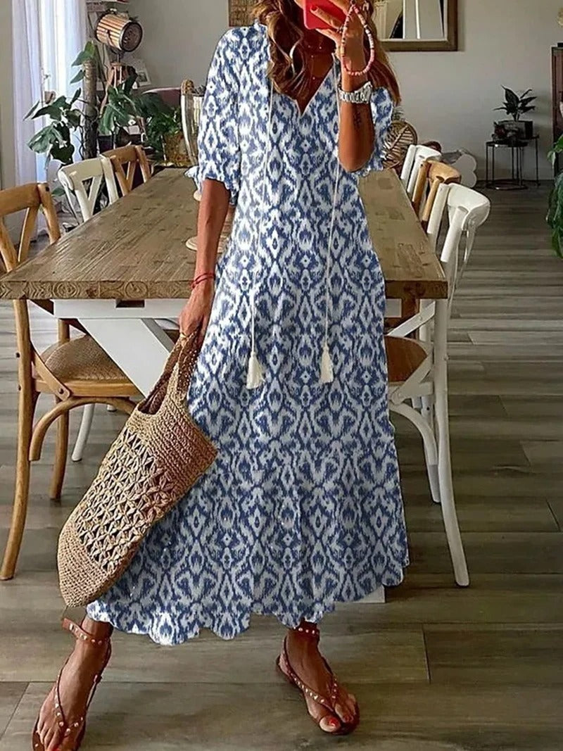 Damen Maxikleid Boho Print V-Ausschnitt Sommerkleid Elegant Luftig