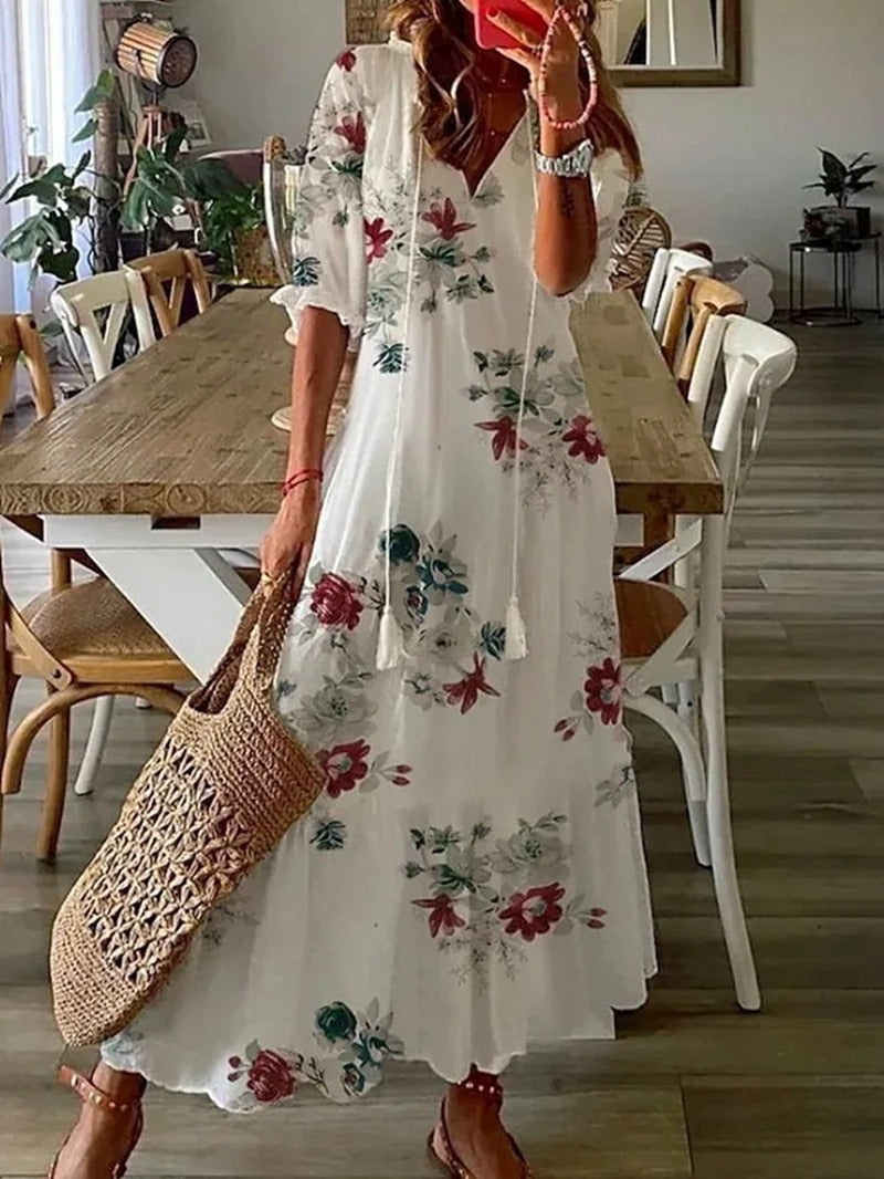 Damen Maxikleid Boho Print V-Ausschnitt Sommerkleid Elegant Luftig