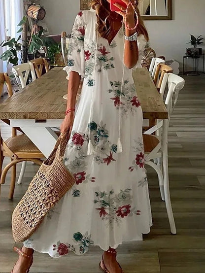 Damen Maxikleid Boho Print V-Ausschnitt Sommerkleid Elegant Luftig