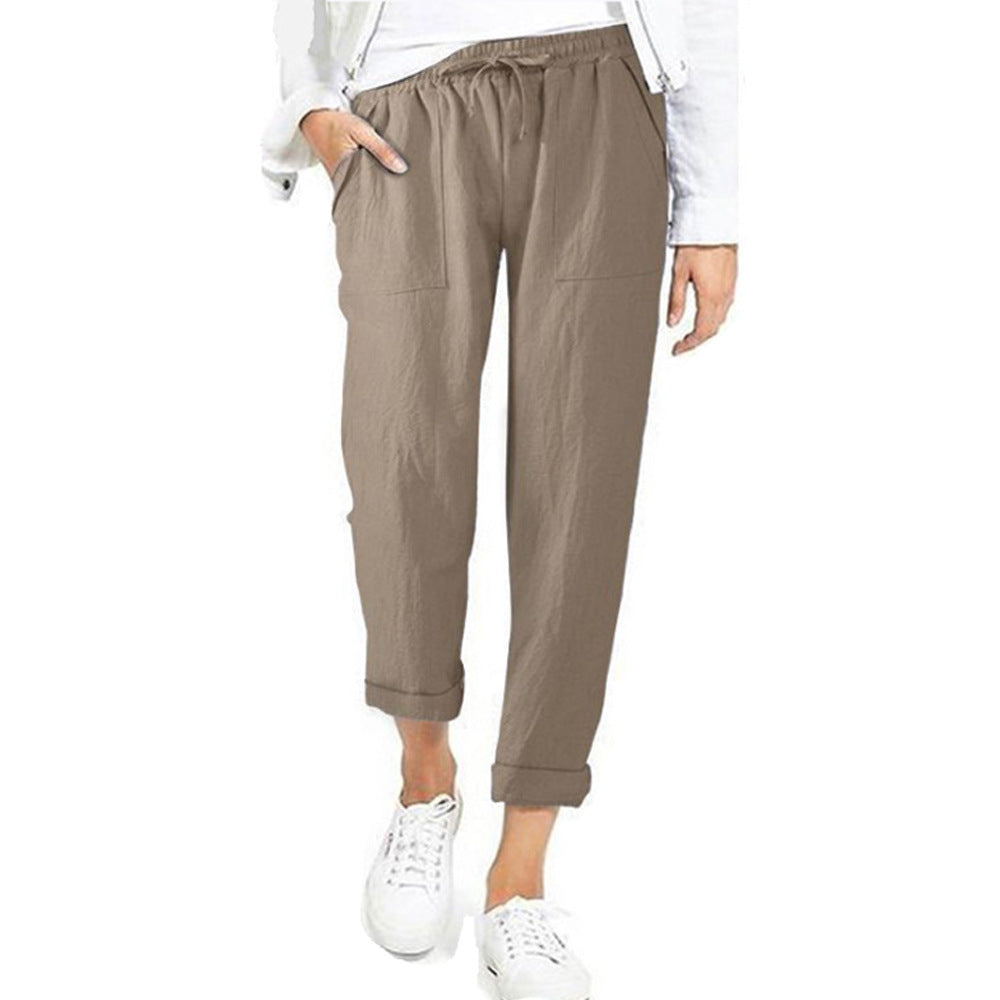 Damen Leinenhose Sommer Beige Mit Kordelzug