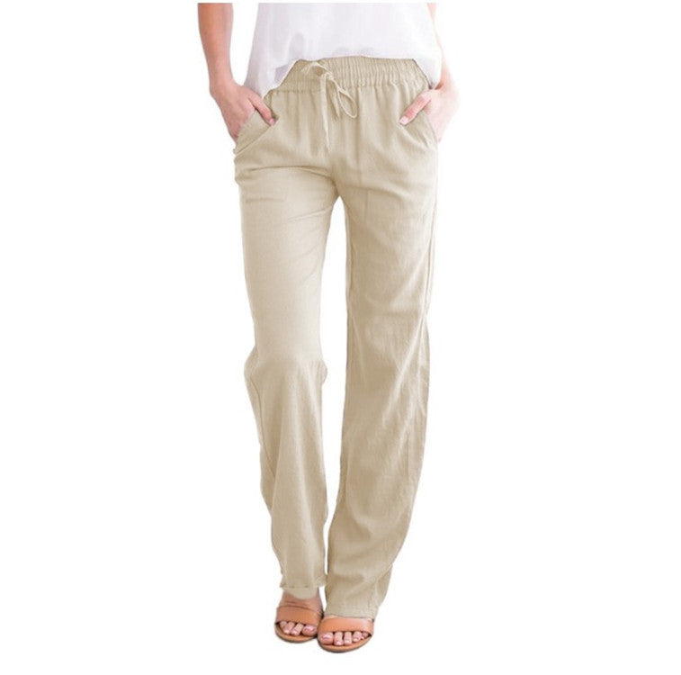 Damen Leinenhose Sommer Beige Mit Kordelzug - Eveloria