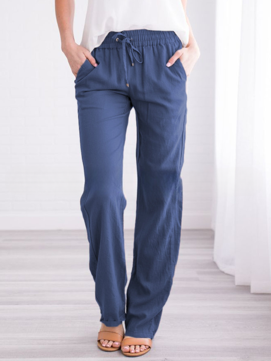 Damen Leinenhose Sommer Beige Mit Kordelzug