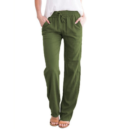 Damen Leinenhose Sommer Beige Mit Kordelzug