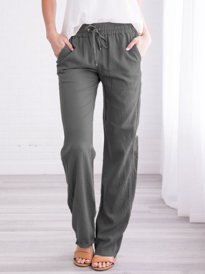 Damen Leinenhose Sommer Beige Mit Kordelzug