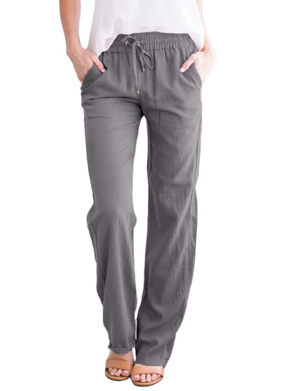Damen Leinenhose Sommer Beige Mit Kordelzug