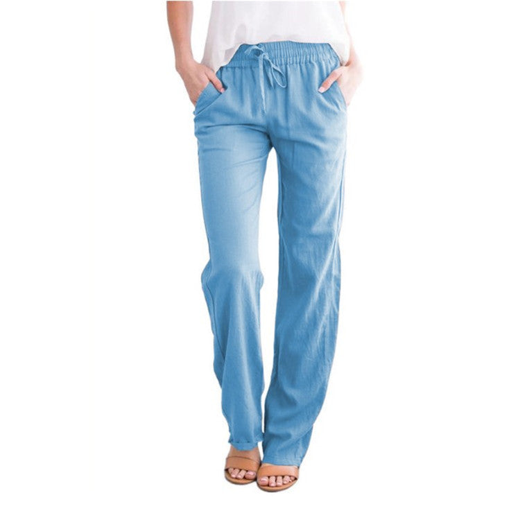 Damen Leinenhose Sommer Beige Mit Kordelzug