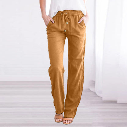 Damen Leinenhose Sommer Beige Mit Kordelzug