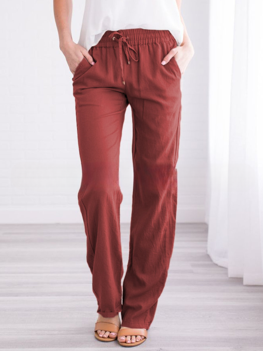 Damen Leinenhose Sommer Beige Mit Kordelzug