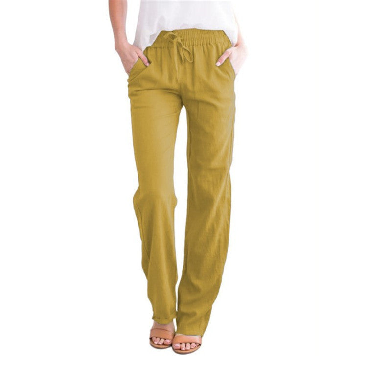 Damen Leinenhose Sommer Beige Mit Kordelzug