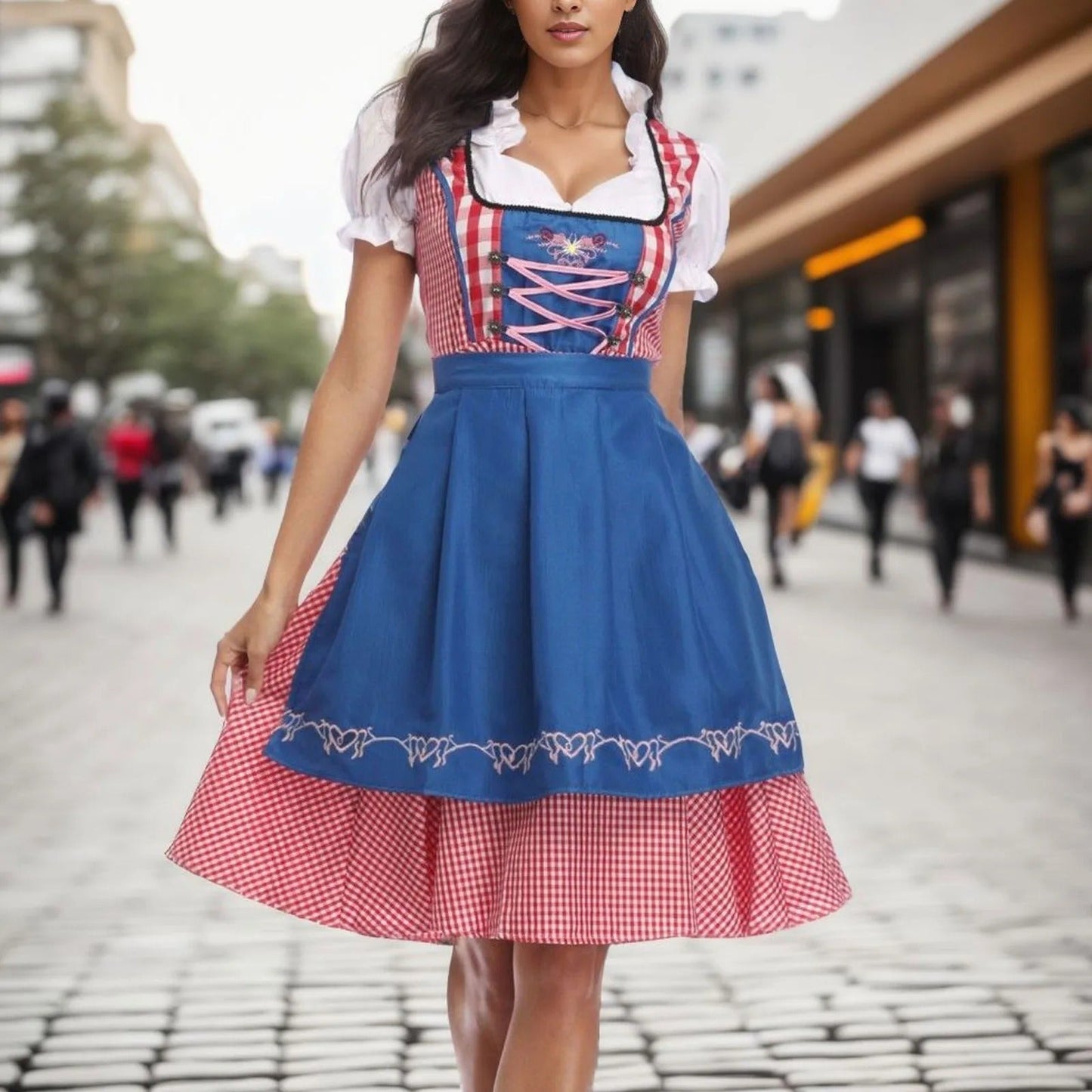Eveloria Damen Dirndl Kariert Kurzärmelig