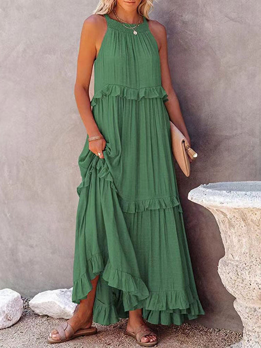 Damen Maxikleid Neckholder Stufenrüschen Einfarbig Elegant - Eveloria