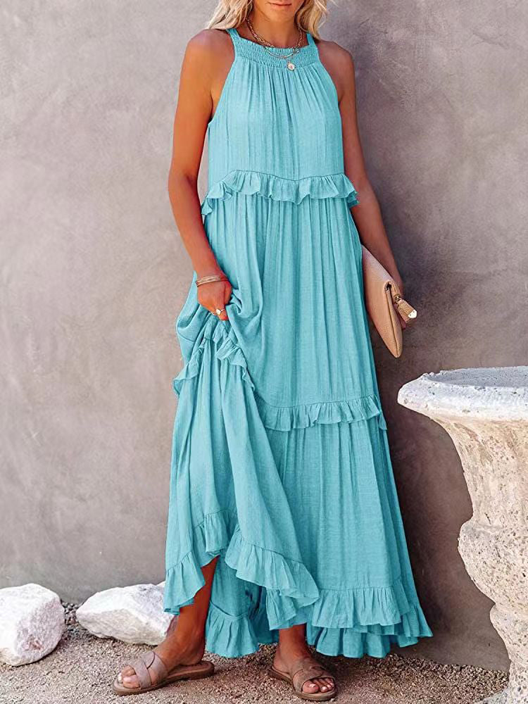 Damen Maxikleid Neckholder Stufenrüschen Einfarbig Elegant