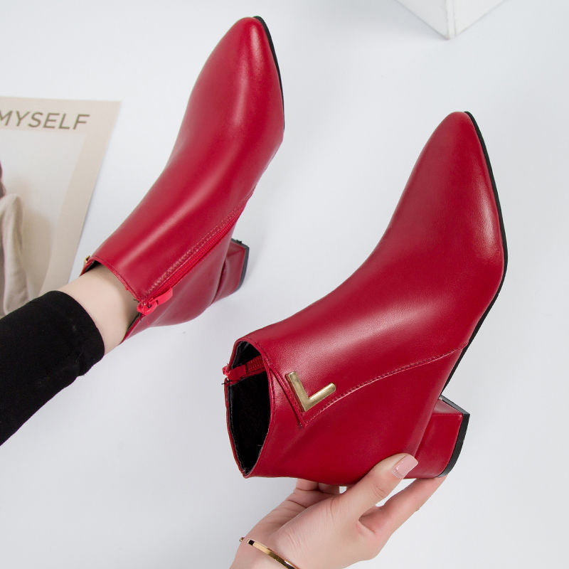 Damen Stiefeletten Wildlederoptik Spitzes Ende Blockabsatz