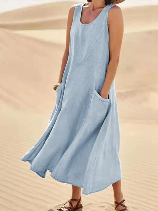 Damen Maxikleid Leinen Ärmellos Luftig Beige