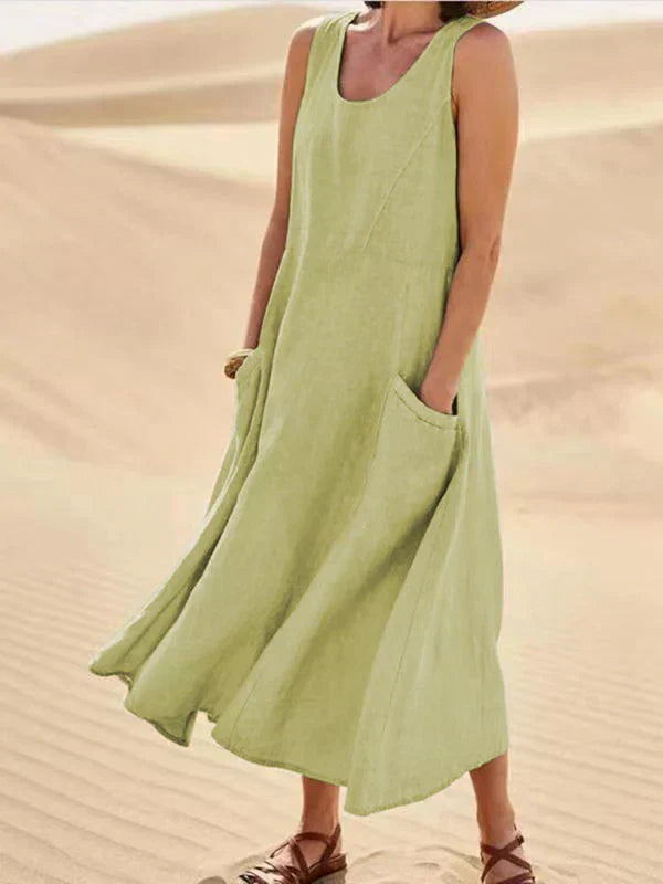 Damen Maxikleid Leinen Ärmellos Luftig Beige