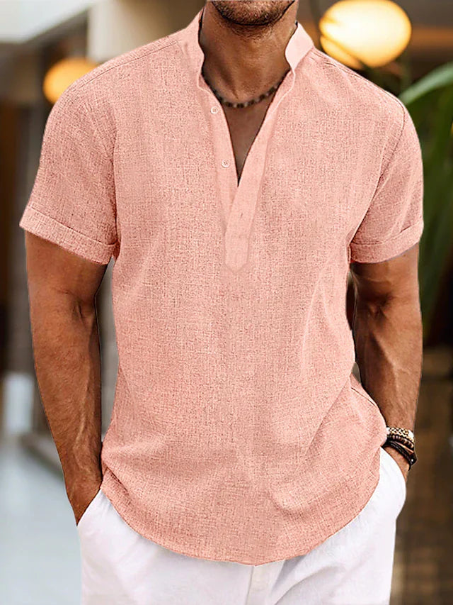 Herren Kurzarm Henley-Shirt Casual Baumwolle Weiß - Eveloria