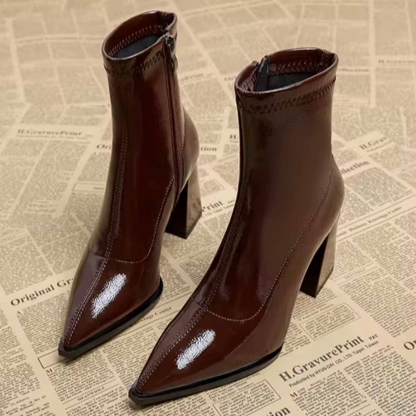 Eveloria Damen Stiefeletten Leder Spitz Zehen Blockabsatz