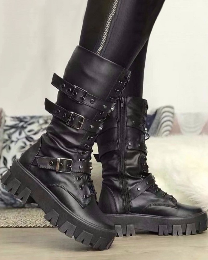 Damen Military Boots Robust Schnürung Verstellbare Schnallen