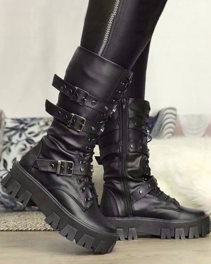 Damen Military Boots Robust Schnürung Verstellbare Schnallen
