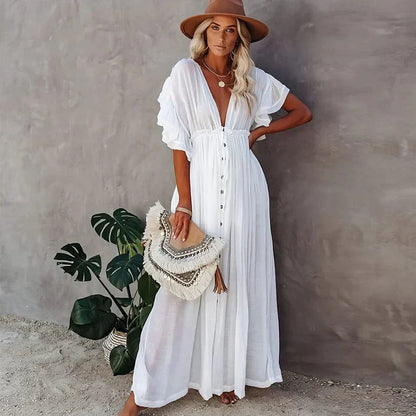 Eveloria Damen Strandkleid Weiß Lang